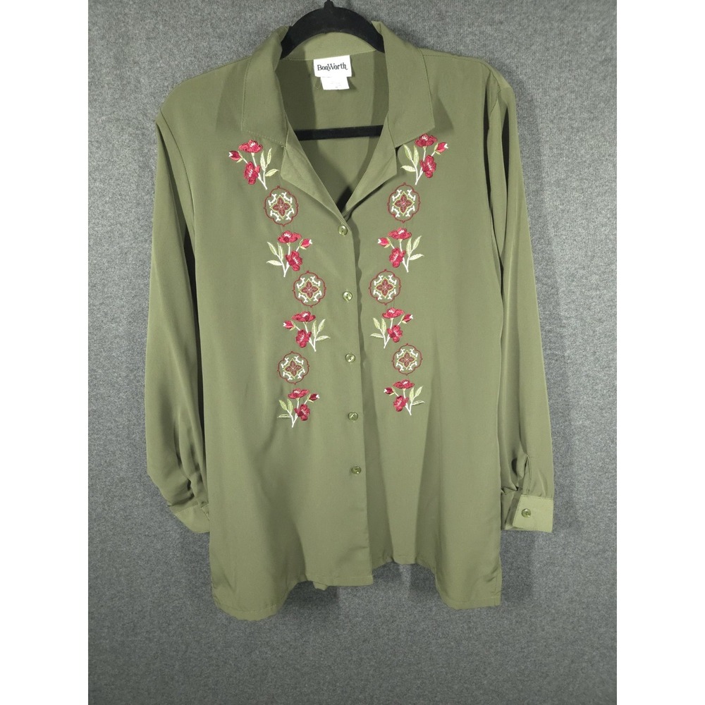 Vtg BonWorth Cottagecore Blouse Green  Embroidered Button Up Shirt Womens Medium
